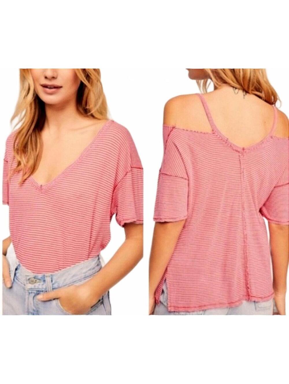 Free People We The Free Take Me Striped V-Neck Tee Red Pink Small